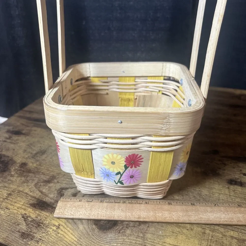 Painted Basket Double Hinge Handles Split Light Color Wood Floral Easter Spring